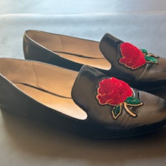 Black Loafers with Red Rose Embroidery - Picture 2 of 5